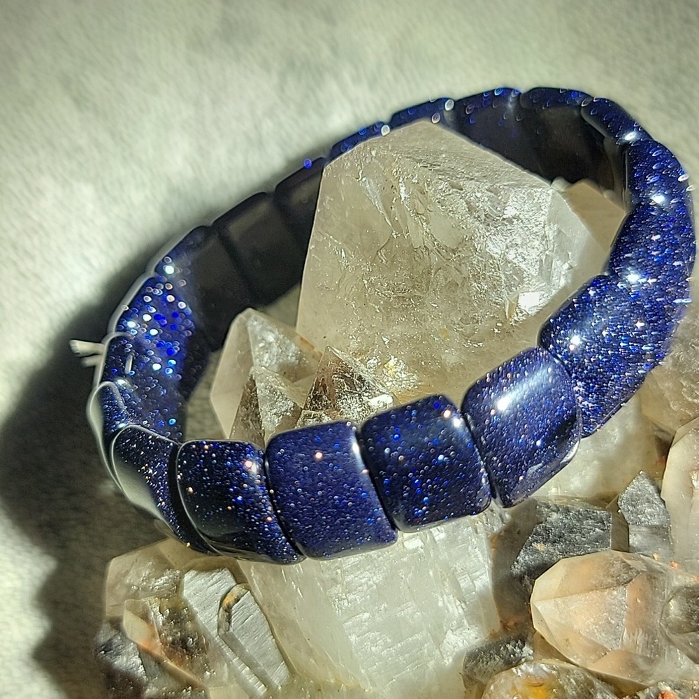 Blue Sandstone Sparkle Aventurine Glass 15mm Beaded Stretch Bracelet